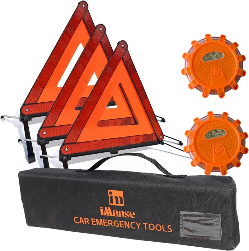 iMonse Warning Safety Triangle Kit, Emergency Roadside Warning Reflective Triangle 3 Packs with 2 LED Road Flare Light, Foldable with Storage Case for Roadside Breakdowns Emergenc - Image 1
